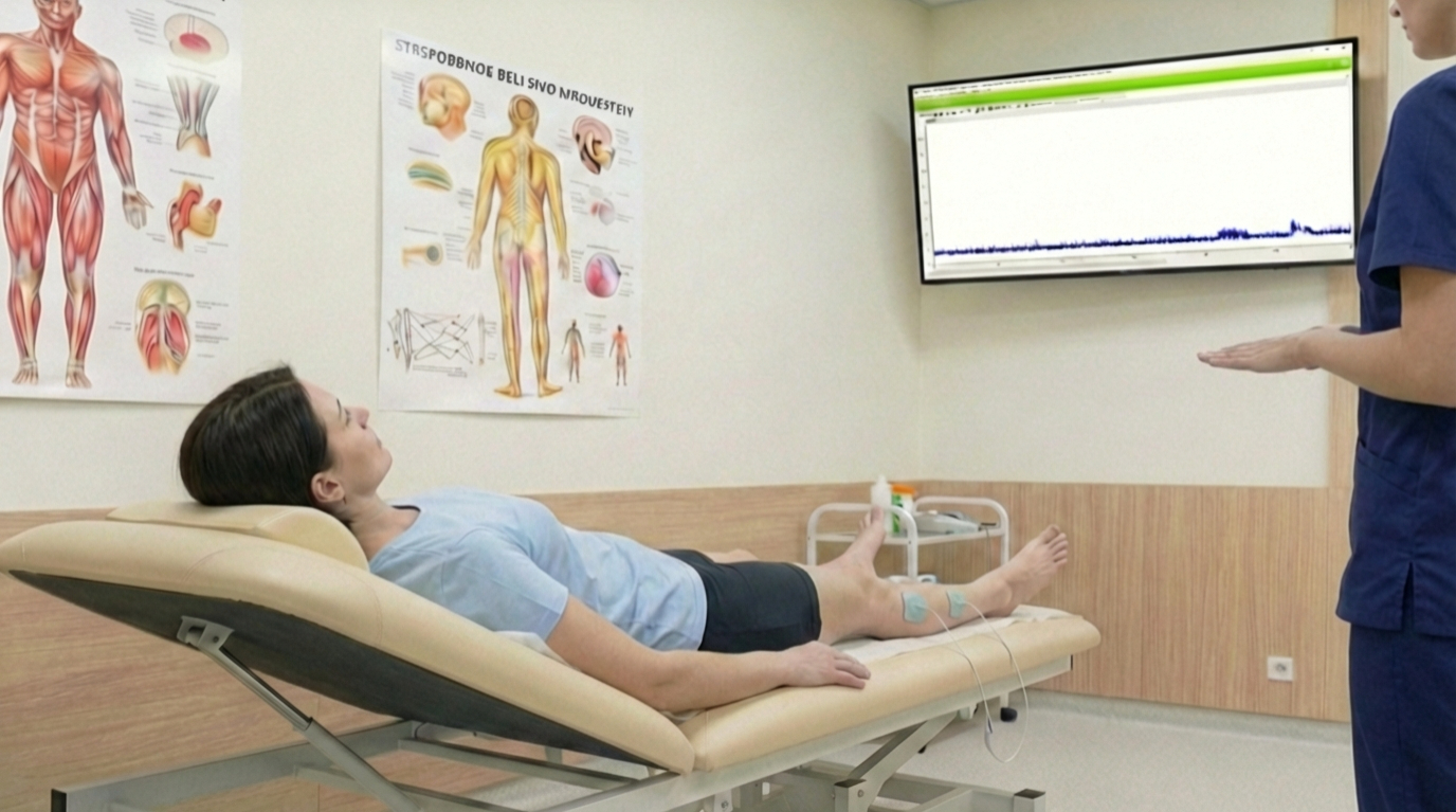 Obserwacja EMG Biofeedback - praca relaksacyjna z pacjentką z opadającą stopą